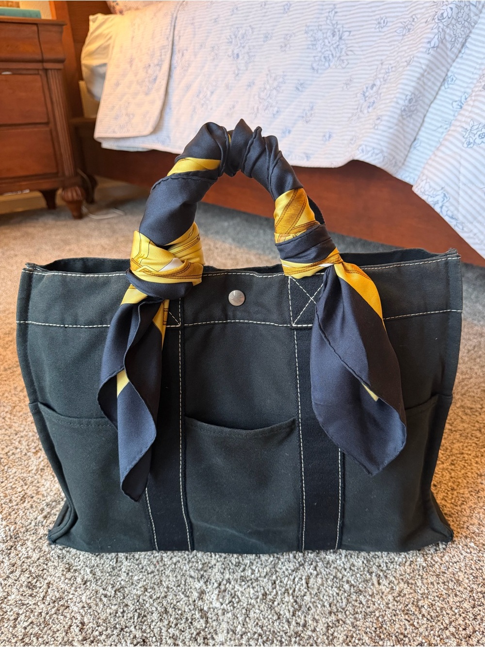 Hermès Black Fourre Tout Tote + Authentic Eperon d’Or Carre Silk Scarf Bundle